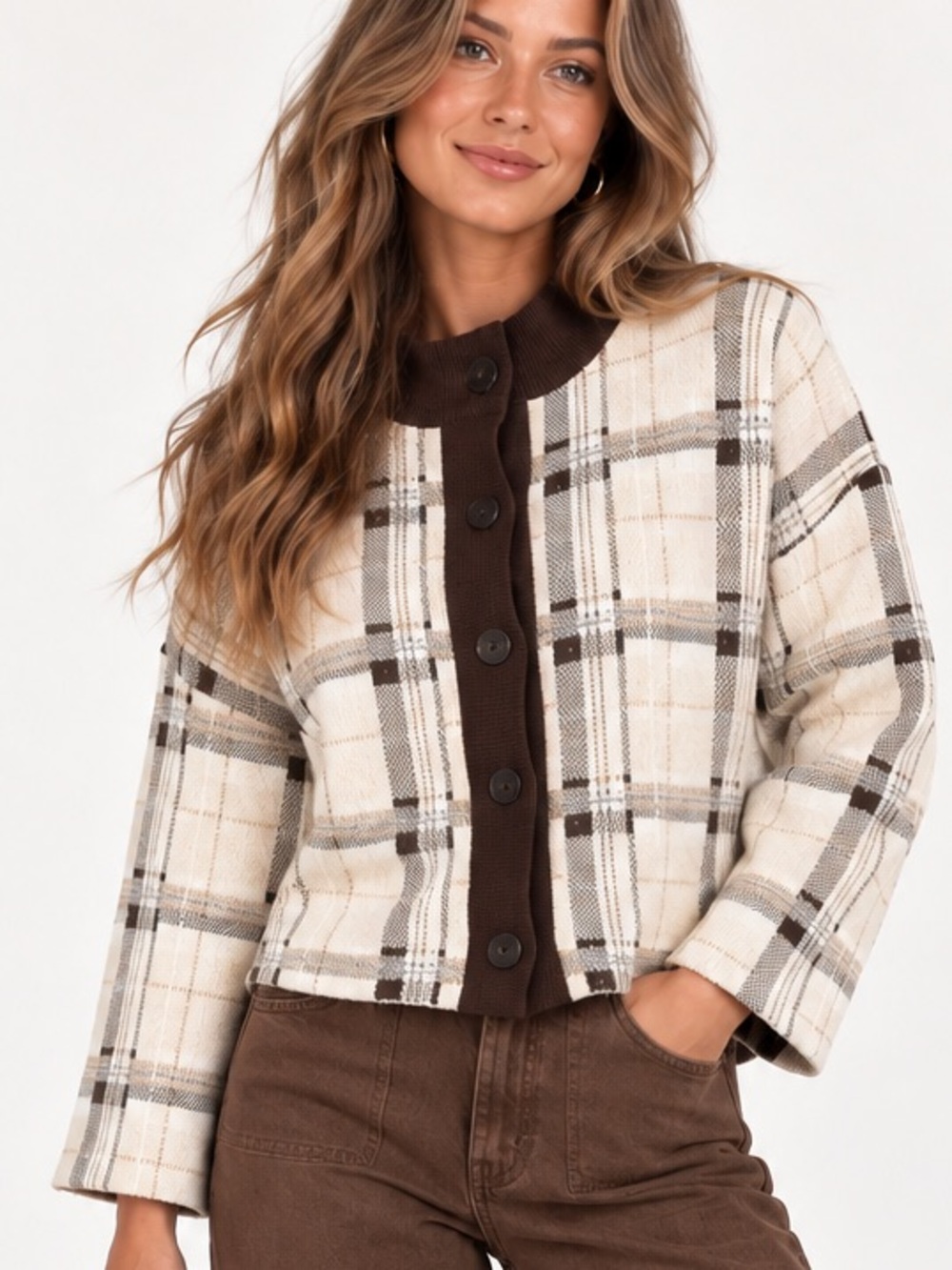 128.New Plaid Button-Front Jacket in Cream & Brown